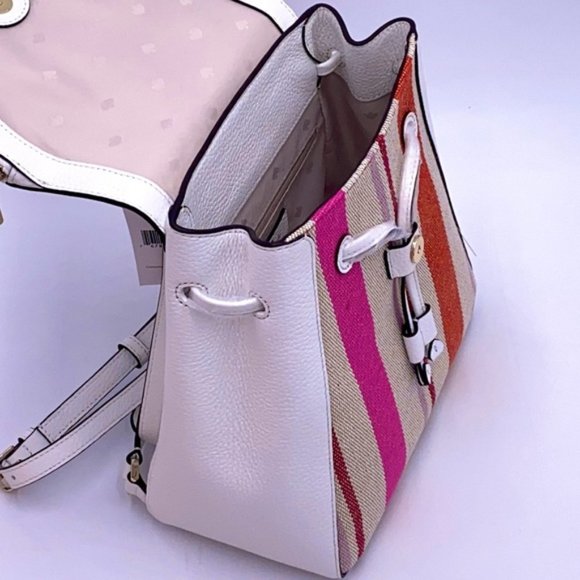 NWT Kate Spade1 - Leila Striped Canvas Pebble Leather Medium Flap Backpack8.4 - Picture 8 of 13